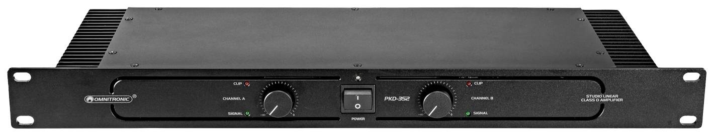 Czarny wzmacniacz w formacie rack z dwoma kanałami i regulatorami pośrodku. Odpowiedni do wzmacniania dźwięku w środowiskach profesjonalnych.