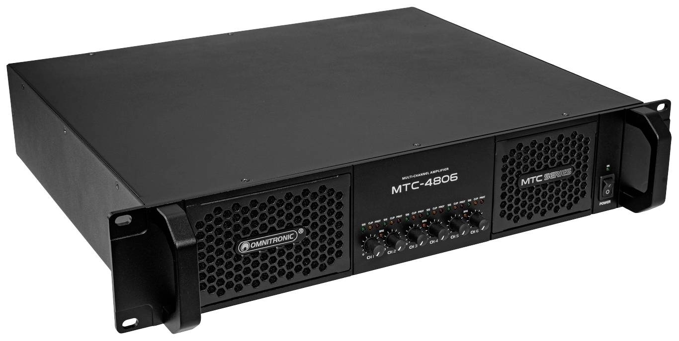 Czarny wzmacniacz audio z wieloma elementami sterującymi i kratkami wentylacyjnymi. Numer modelu: MTC-4806, nazwa marki: Omnitronic.