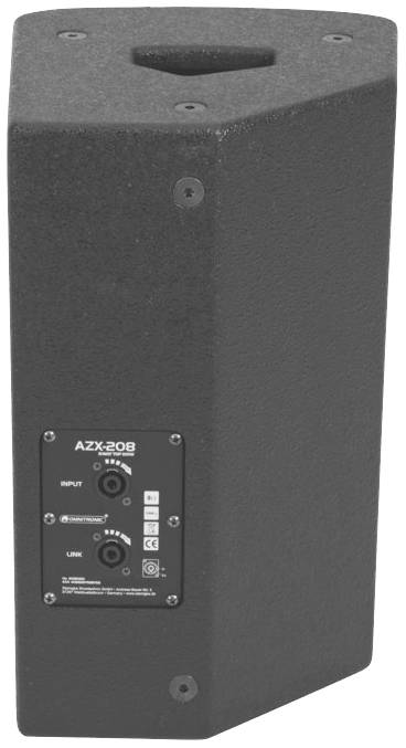 Czarny, trapezowy głośnik z gniazdami i elementami sterującymi z tyłu.