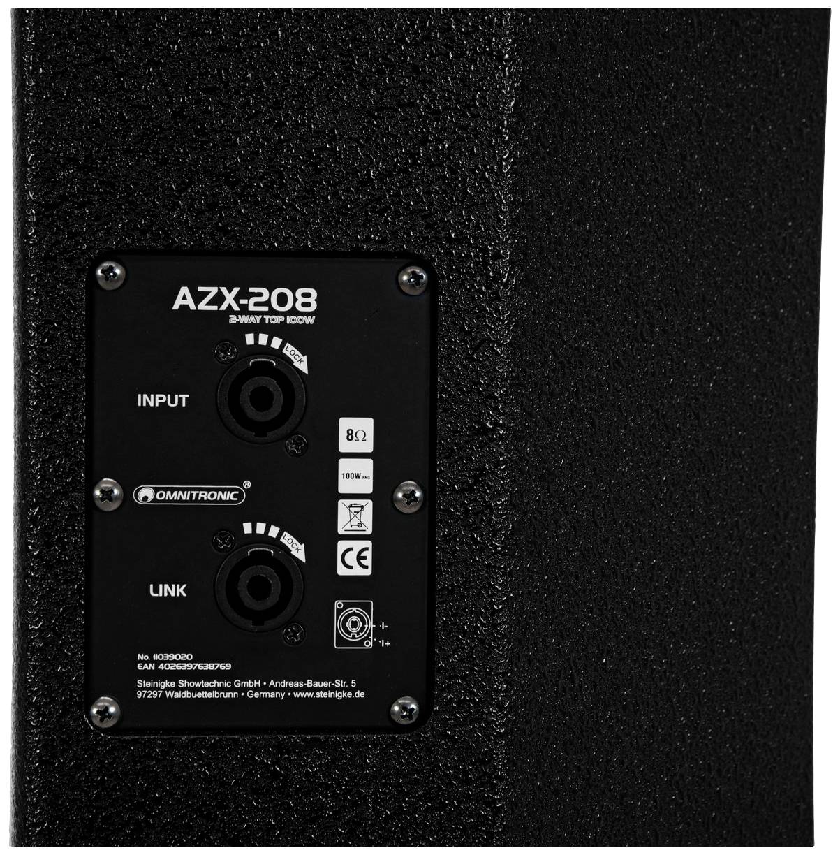 Tylna strona głośnika z gniazdami przyłączeniowymi i specyfikacją techniczną. Prezentuje wejścia i złącza połączeniowe oraz wskazanie impedancji wynoszącej 8 omów.