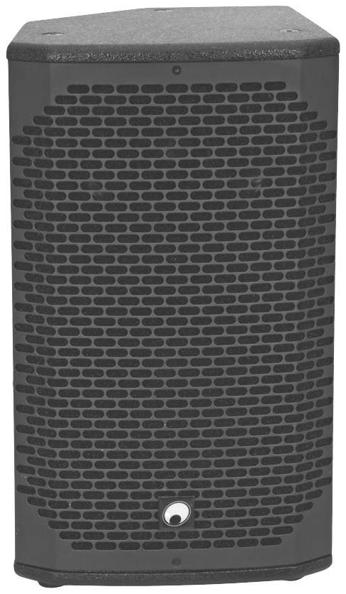 Głośnik z czarną kratką, o prostokątnym kształcie, widziany perspektywicznie od przodu.