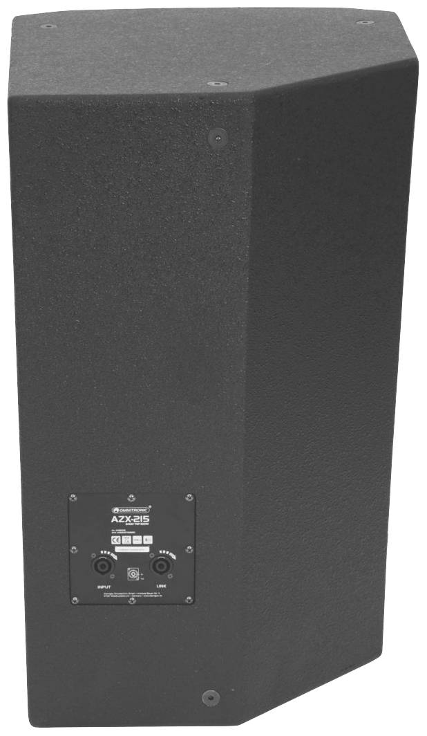 Czarny głośnik w kształcie pryzmatycznym z płytą kontrolną na tylnej stronie, prezentujący elementy sterujące i złącza.