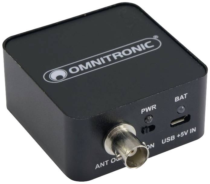 Kompaktowa czarna antena Omnitronic z złączem USB, wskaźnikiem zasilania i stanu baterii, wejściem antenowym, odpowiednia do zastosowań audio.
