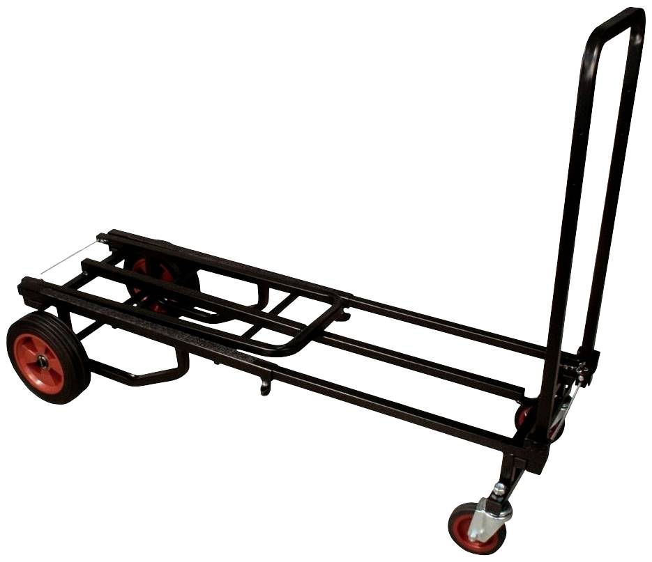 Składany wózek ręczny z czarną metalową ramą, dużymi czerwonymi kołami z tyłu oraz dwoma mniejszymi kółkami skrętnymi z przodu.