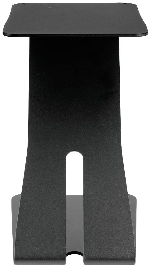 Czarny stojak aluminiowy, odpowiedni dla słuchawek lub podobnych akcesoriów, o smukłej, minimalistycznej stylistyce.