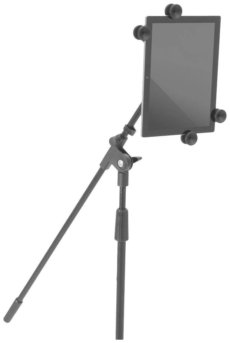 Uchwyt na tablet zamontowany na regulowanym statywie, utrzymujący tablet w pozycji pionowej. Idealny do prezentacji lub nagrań.