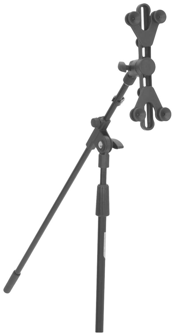 Regulowany wysokościowo stojak na tablet z pochylanym uchwytem, odpowiedni do prezentacji lub pracy bez użycia rąk.