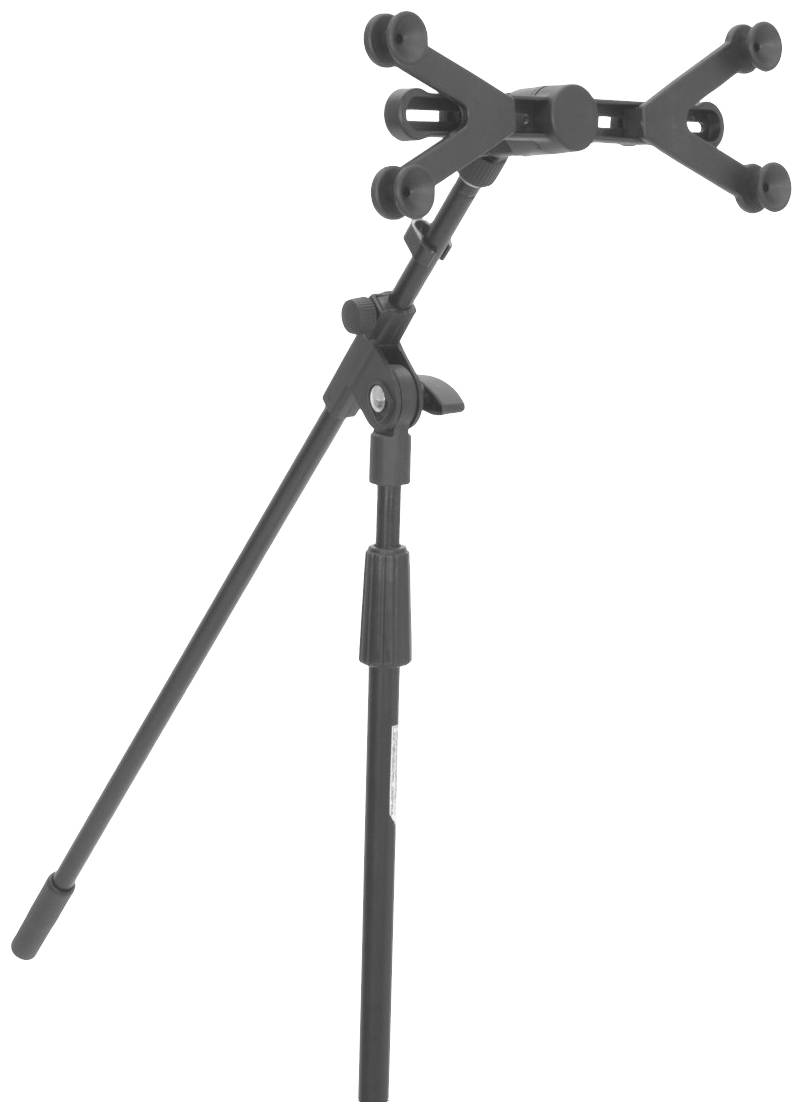 Stojak na tablet z regulowanym kątem nachylenia i stabilną podstawą. Odpowiedni do prezentacji lub użytku instrumentów muzycznych.