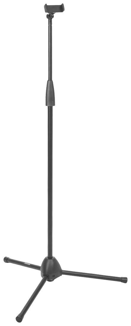 Stojący pionowo czarny, regulowany statyw mikrofonowy o trzech nogach.
