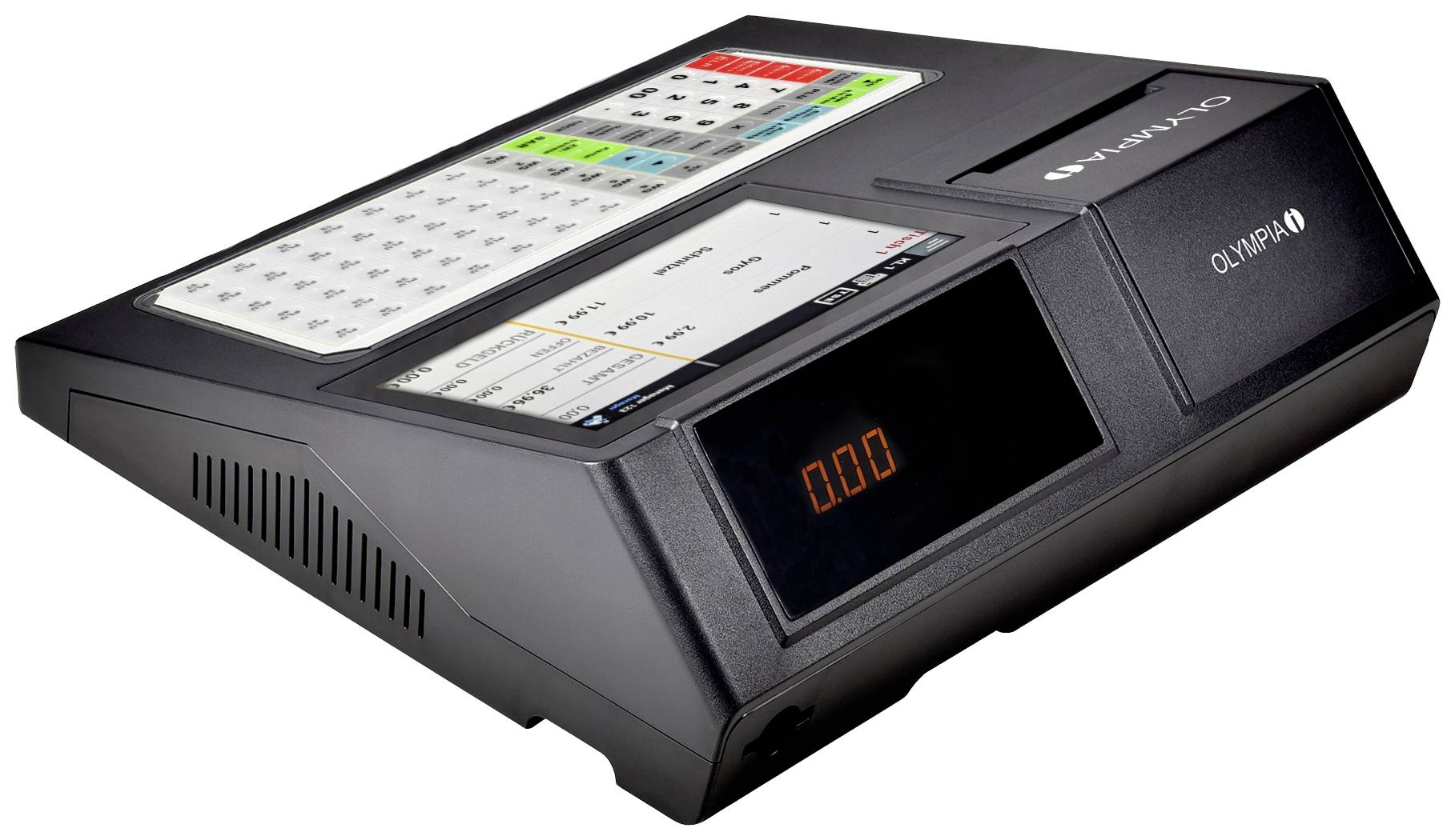 Czarny elektroniczny przyrząd z klawiszami i cyfrowym wyświetlaczem pokazującym liczbę '000'. Po lewej stronie znajduje się klawiatura z opisanymi polami.