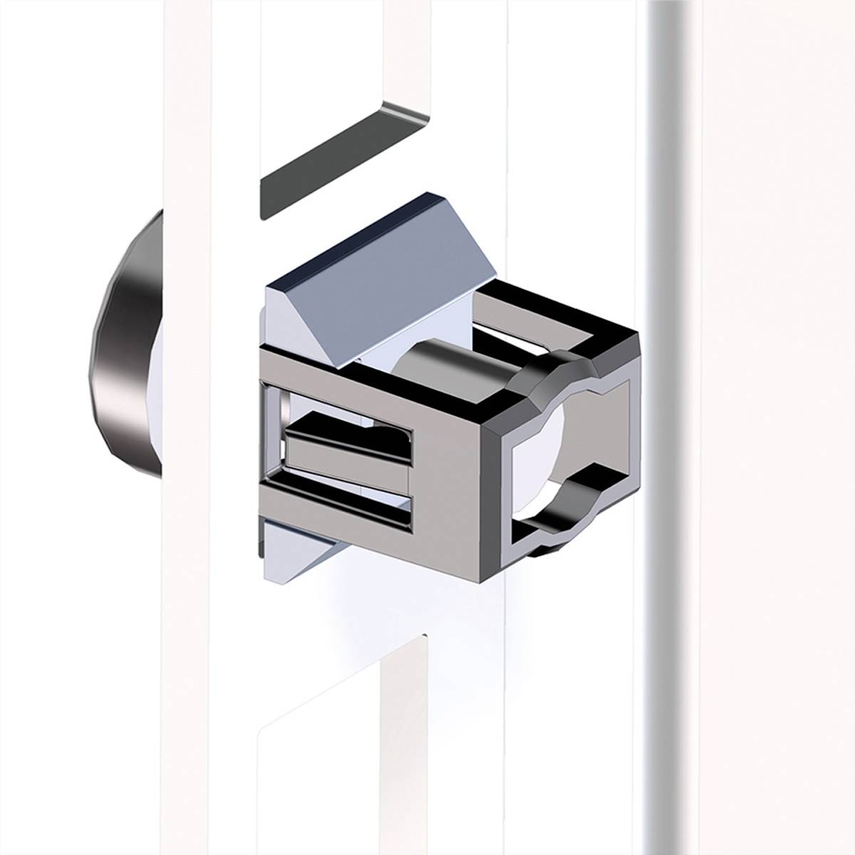 Metalowy sześcian z pustymi sekcjami jest zawieszony w przezroczystej strukturze pionowej. Element designu technicznego lub architektonicznego.