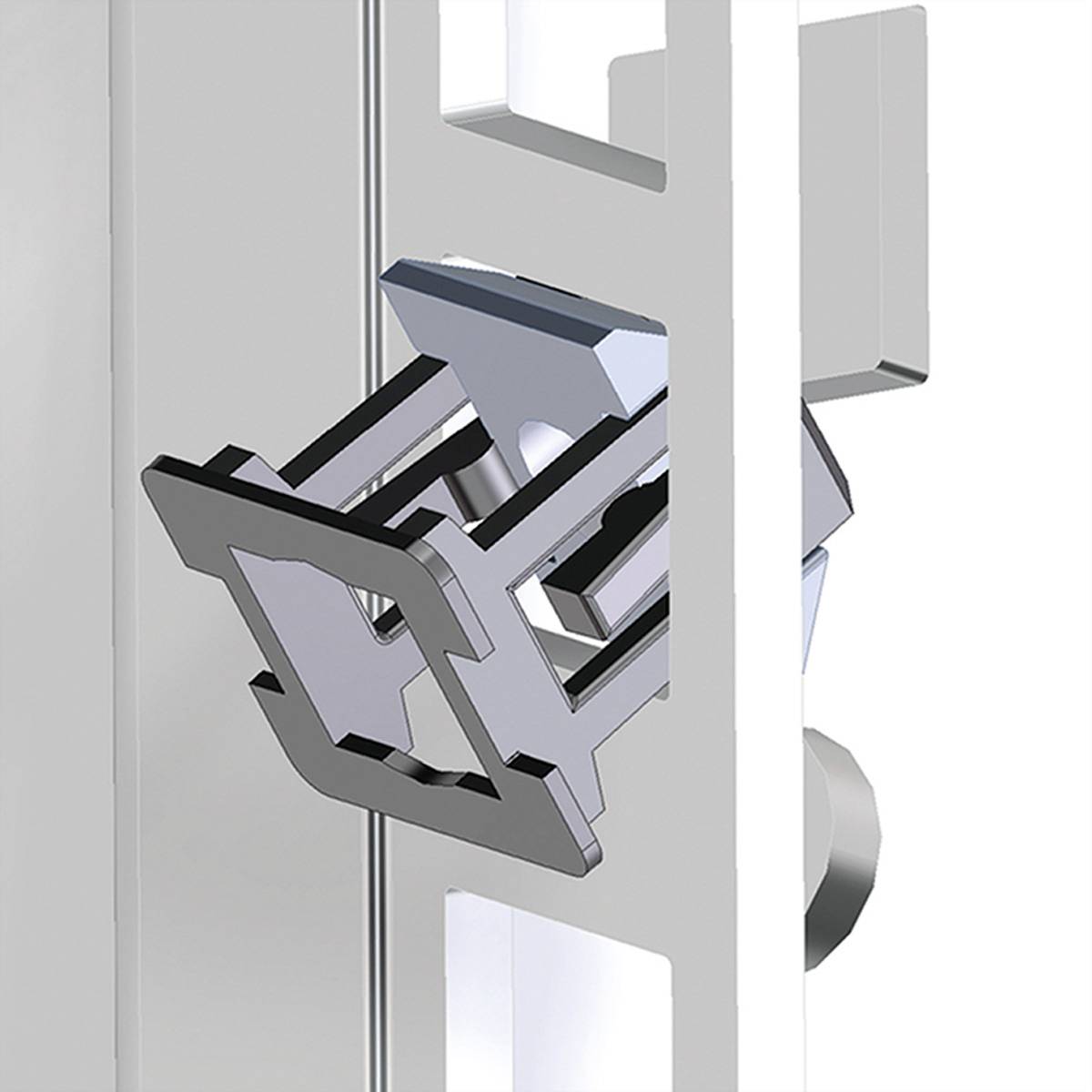 Przemysłowy projekt designu złożonego połączenia metalowego ze współpracującymi elementami, zapewniającymi stabilność w strukturze pionowej.