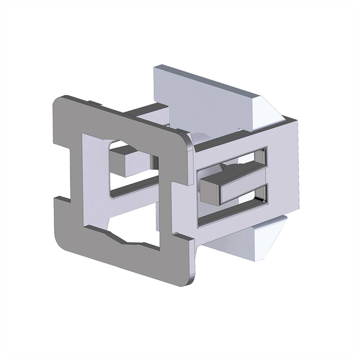 Srebrny, geometryczny element metalowy z uzębieniem i prostokątnymi kształtami. Wygląda na część jakiegoś urządzenia mechanicznego.