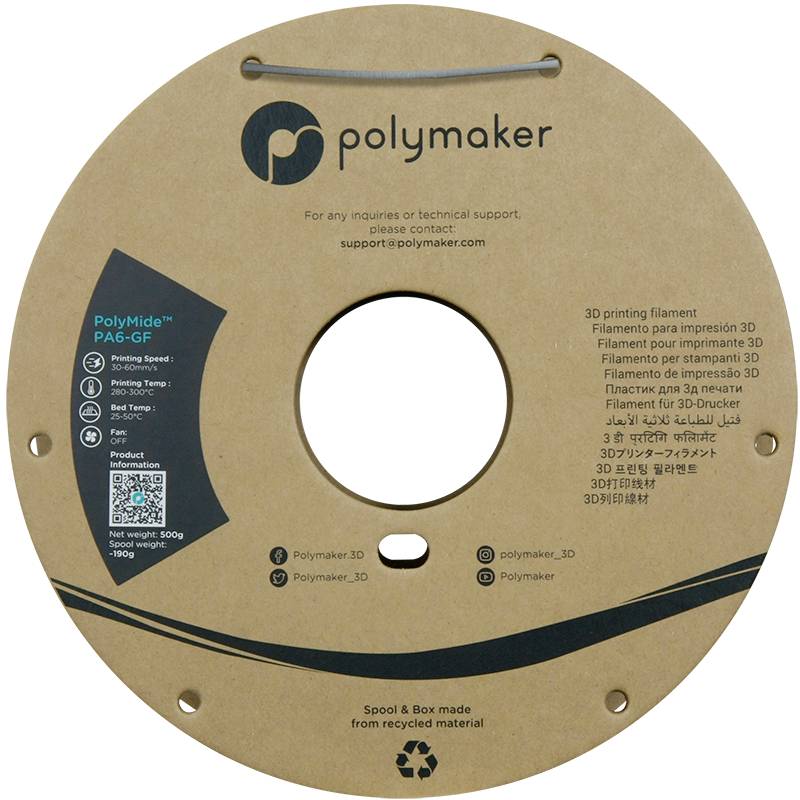 Okrągłe opakowanie z materiału z recyklingu na filament do druku 3D firmy Polymaker. Nadrukowane szczegóły: rodzaj filamentu, waga, adres e-mail pomocy technicznej.