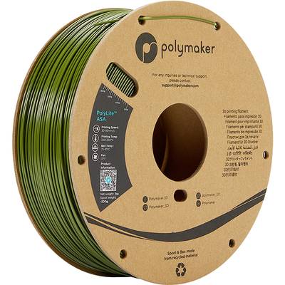 Szpula z zielonym włóknem do drukarki 3D firmy Polymaker, 1 kg. Szczegóły produktu: PolyLite ASA, druk 3D, 3 mm, odpowiedni do zadań drukowania, wykonany z materiału recyklingowego, dostępna pomoc techniczna e-mail.