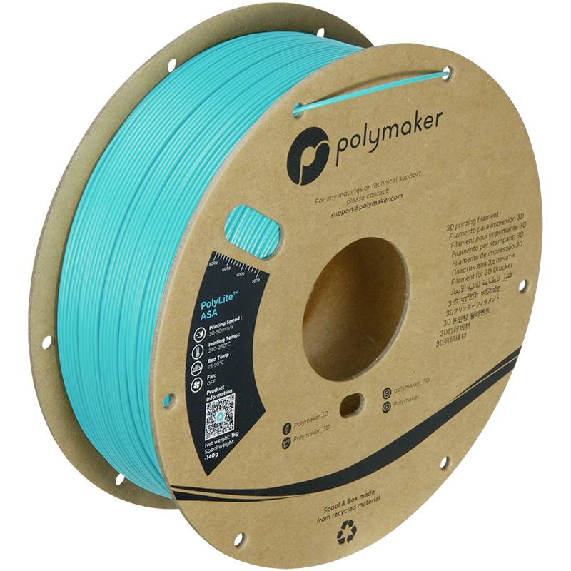 Rolka turkusowego filamentu do druku 3D wykonanego z tworzywa sztucznego ASA marki 'Polymaker', przeznaczona do zastosowań technicznych.