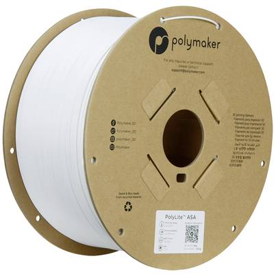 Duża rolka białego filamentu do drukarki 3D. Etykieta przedstawia markę "Polymaker" oraz informacje o produkcie.