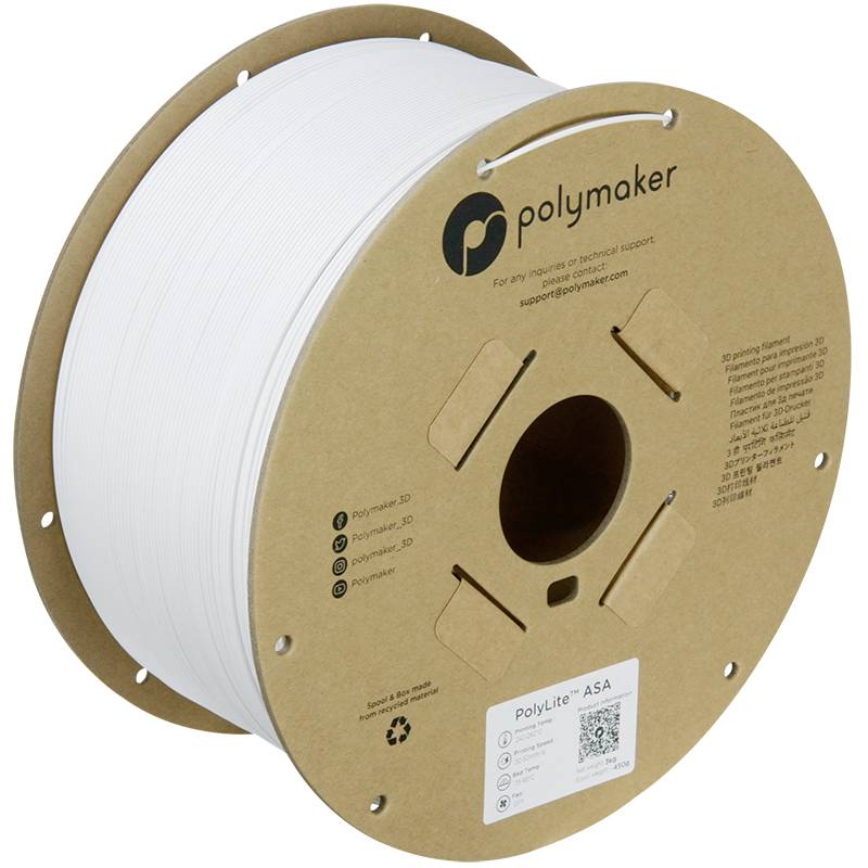 Duża, okrągła szpula z białym materiałem do druku 3D firmy Polymaker, wykonana z tektury z materiałów z recyklingu.