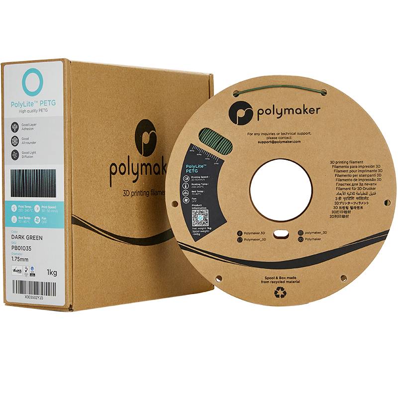 Opakowanie i szpula filamentu 3D Polymaker, PETG, ciemnozielony, 1,75 mm, 1 kg. Opakowanie prezentuje logo i specyfikację produktu.