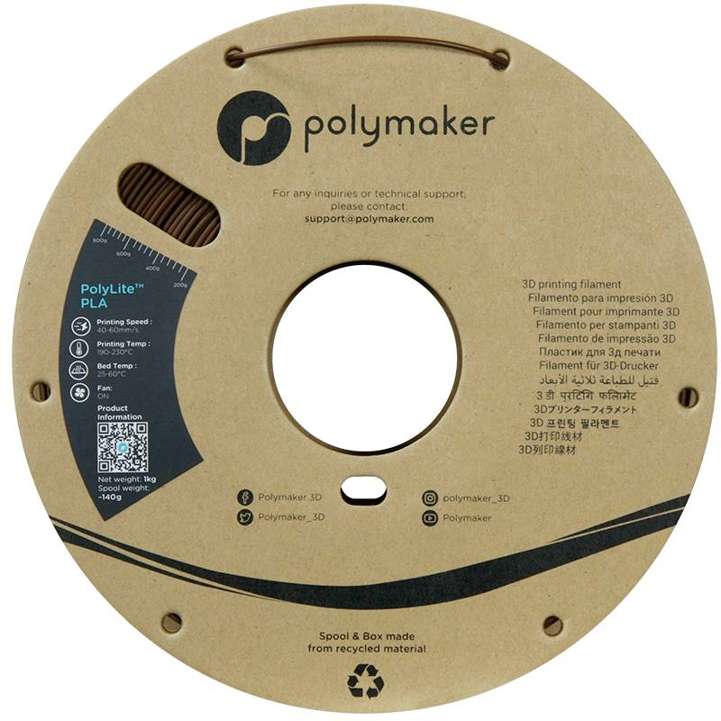 Szpula filamentu Polymaker PolyLite PLA, 1,75 mm, 1 kg, w kolorze brązowym, na tekturze z recyklingu z logo, szczegółami technicznymi i informacjami kontaktowymi.