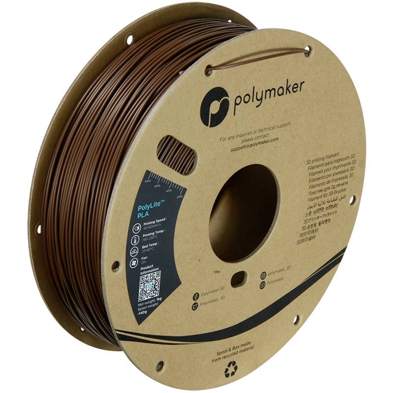 Szpula brązowego filamentu do drukarki 3D firmy Polymaker, typ PLA. Na opakowaniu znajdują się informacje o produkcie i dane kontaktowe.