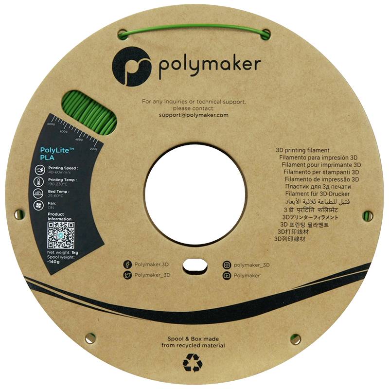Płasko ułożona szpula z zielonym materiałem do druku 3D marki 'Polymaker', otoczona instrukcjami obsługi i danymi kontaktowymi.