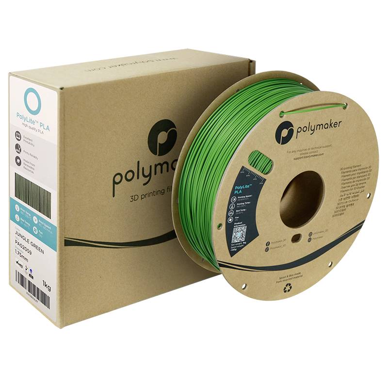 Szpula z zielonym włóknem Polymaker do drukarki 3D. Obok szpuli znajduje się odpowiednie pudełko kartonowe.
