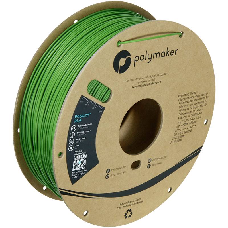 Szpula zielonego filamentu PLA do druku 3D firmy Polymaker. Na opakowaniu widoczne są informacje i dane kontaktowe producenta.
