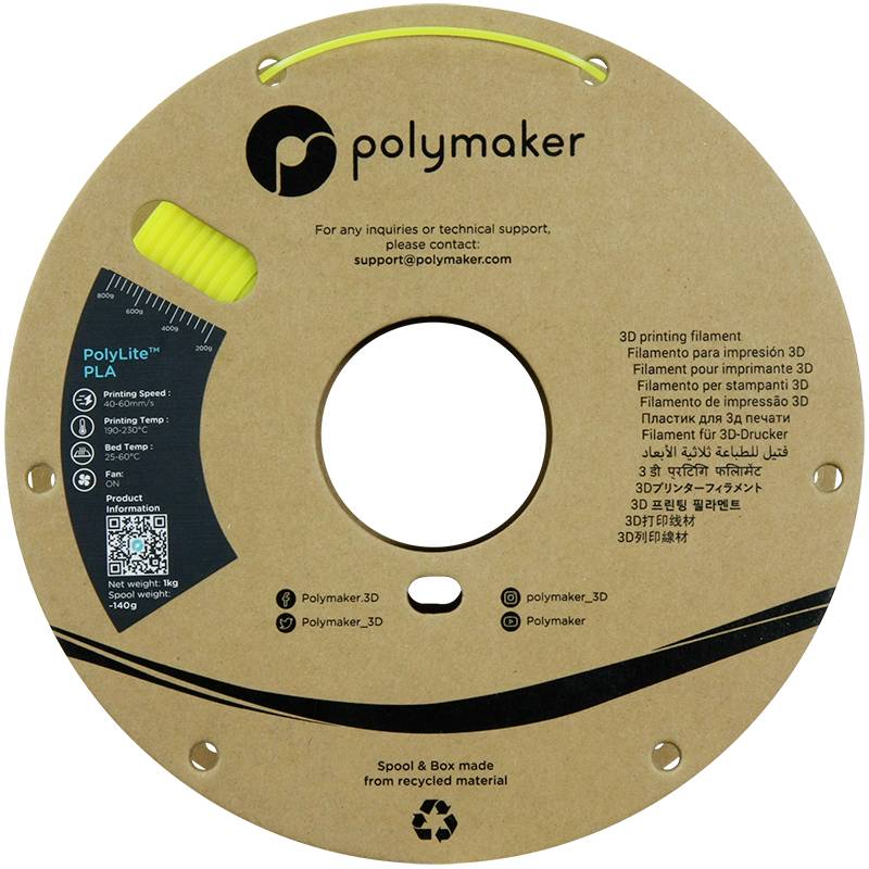 Filament do druku 3D 'PolyLite PLA', marka Polymaker, na szpuli kartonowej wykonanej z materiału recyklingowego, wraz z danymi kontaktowymi do pomocy technicznej.