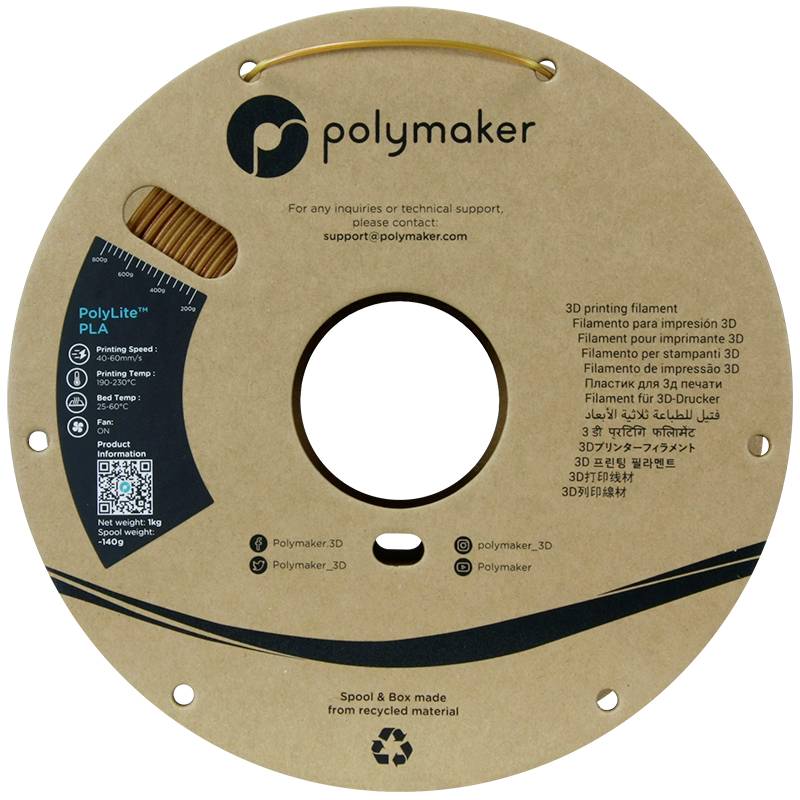 Rolka PolyLite PLA Filament do druku 3D z materiału recyklingowego. Zawiera filament o średnicy 1,75 mm, informacje kontaktowe oraz kod QR.