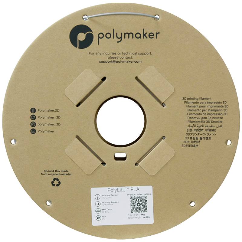 Rysunek przedstawia szpulę z filamentem do druku 3D wykonaną z kartonu, z logo Polymaker, informacjami kontaktowymi i szczegółami dotyczącymi filamentu.