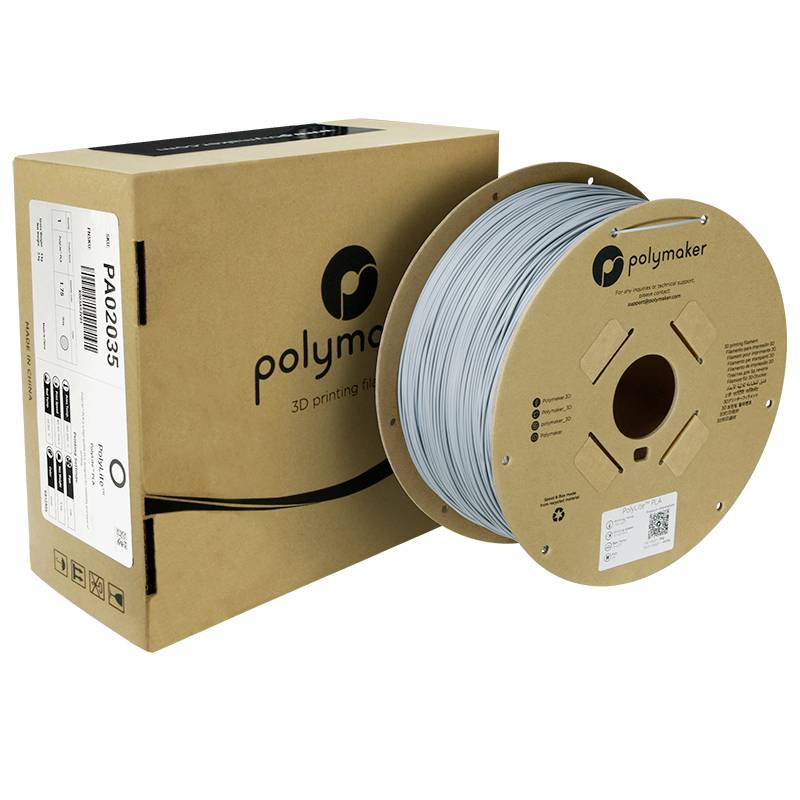 Szpula z szarym filamentem do drukarki 3D obok opakowania z napisem 'Polymaker filament do druku 3D'.