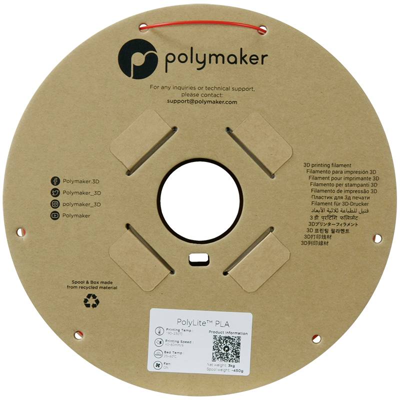 Okrągłe opakowanie kartonowe firmy Polymaker z wycięciami na filament. Zawiera informacje kontaktowe oraz szczegóły produktowe dotyczące PolyLite PLA.