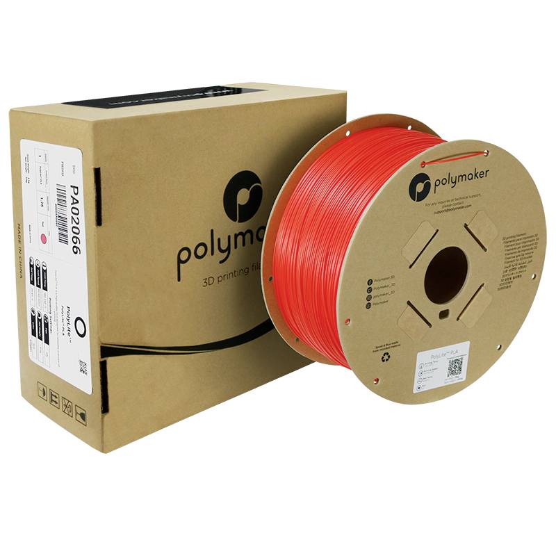Szpula z czerwonym filamentem do drukarki 3D obok brązowego opakowania, oba z logo i napisem 'polymaker'.