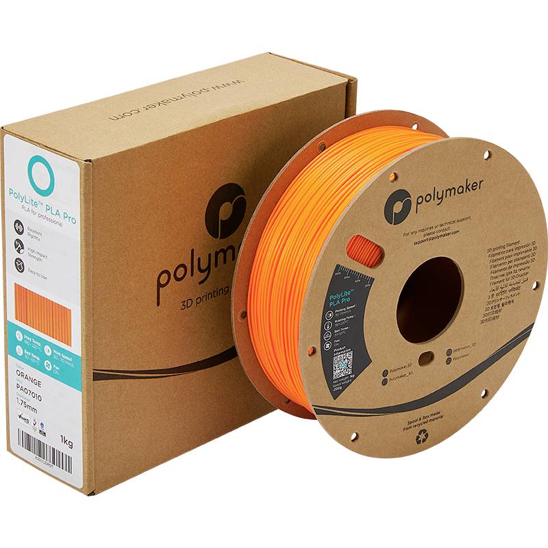 Szpula z pomarańczowym włóknem do druku 3D marki Polymaker, obok brązowego opakowania z logo marki i informacjami o produkcie.