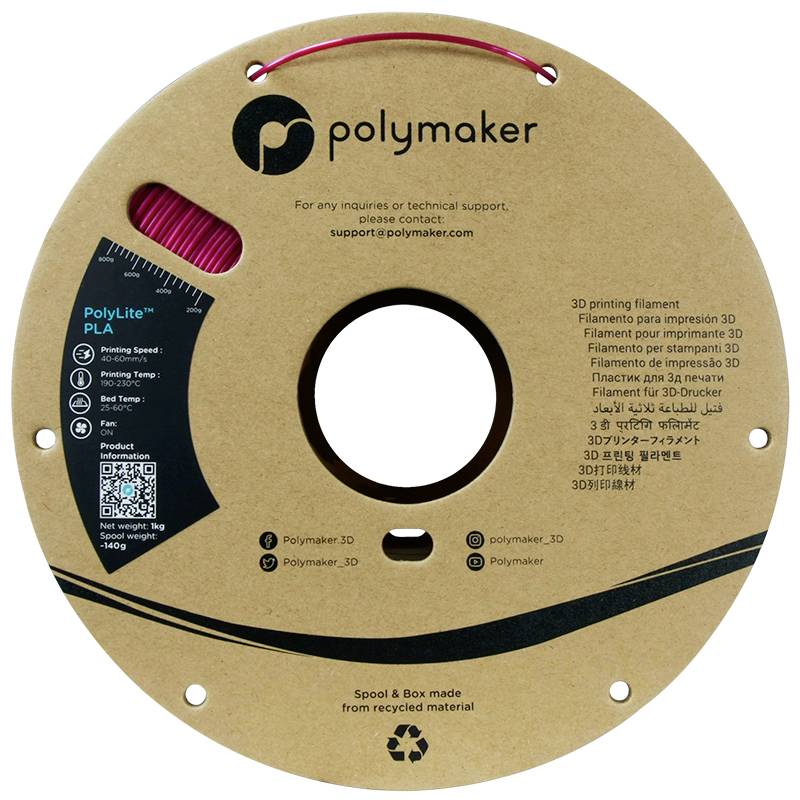 Szpula z czerwonym włóknem PLA firmy Polymaker do drukarek 3D. Opakowanie zawiera informacje kontaktowe oraz wskazówki dotyczące użycia filamentu.