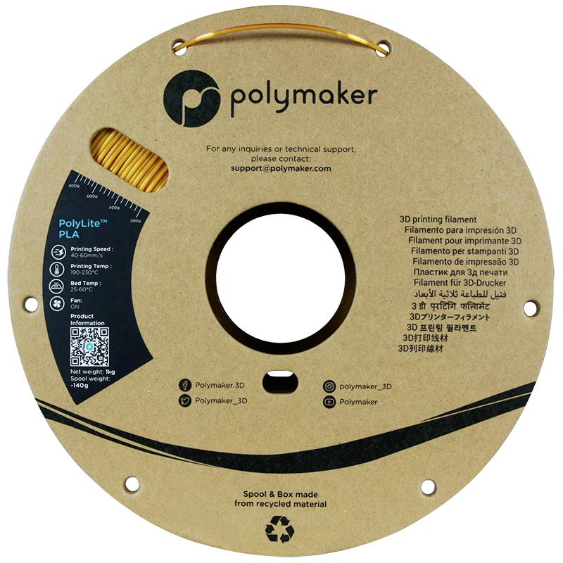 Szpula z włóknem do drukarki 3D marki 'Polymaker', model 'PolyLite PLA', wykonana z materiału recyklingowego, oznaczona w różnych językach.
