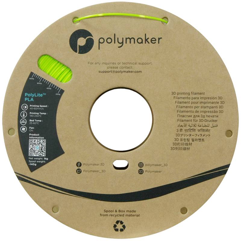 Filament PLA PolyLite do druku 3D, 1,75 mm, 1 kg, jasnozielony, na podlegającej recyklingowi szpuli kartonowej firmy Polymaker. Szczegóły dotyczące podpór wydrukowane na opakowaniu.