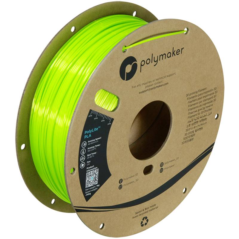Szpula z neonowozielonym filamenten do druku 3D z PLA. Marka 'Polymaker'. Jednostka miary i kod QR na opakowaniu.