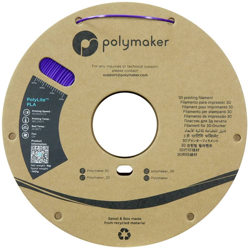 Szpula z fioletowym filamentem do drukarki 3D firmy Polymaker. Na szpuli znajdują się informacje o marce i dane techniczne.
