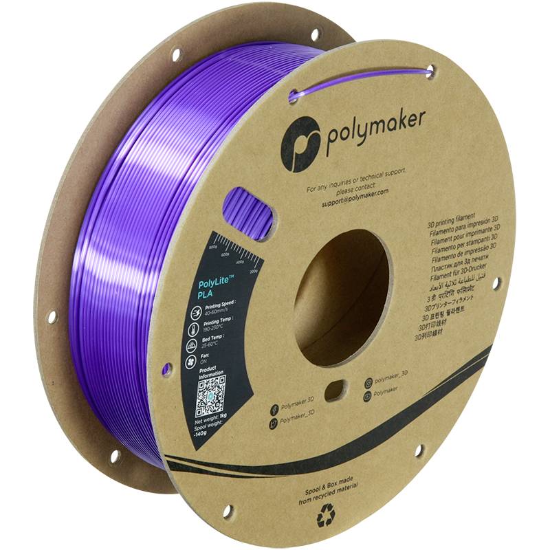 Fioletowa szpula filamentu Polymaker PolyLite PLA w opakowaniu z symbolem recyklingu. Odpowiednia do drukarek 3D.