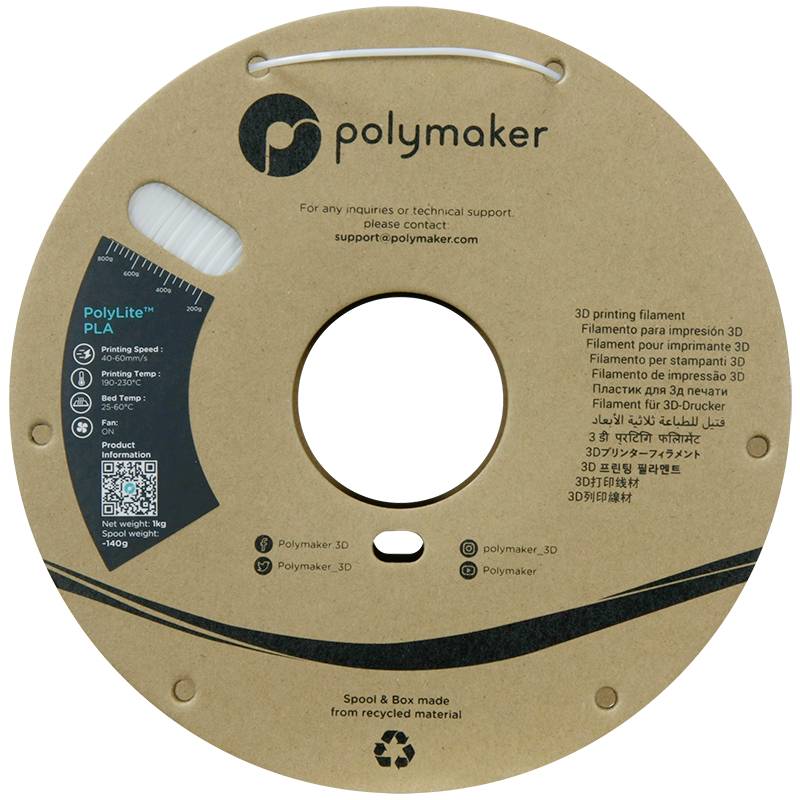 Szpula filamentu 3D drukarki firmy Polymaker wykonana z materiału recyklingowego, z nadrukiem informacji kontaktowych i kodem kreskowym.