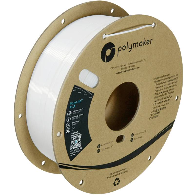 Szpula z białym materiałem do druku 3D firmy Polymaker, oznaczona etykietą 'PolyLite PLA'. Zawiera logo marki i informacje techniczne.