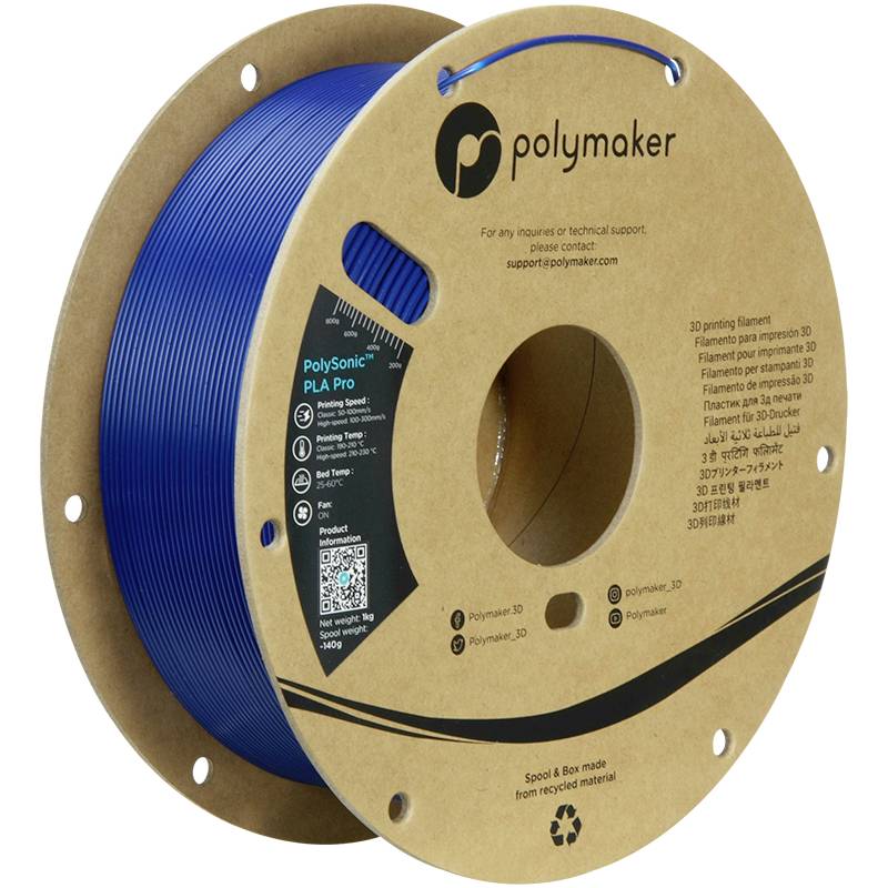 Szpula z niebieskim materiałem do druku 3D marki Polymaker. Na etykiecie znajdują się informacje kontaktowe i specyfikacje filamentu.