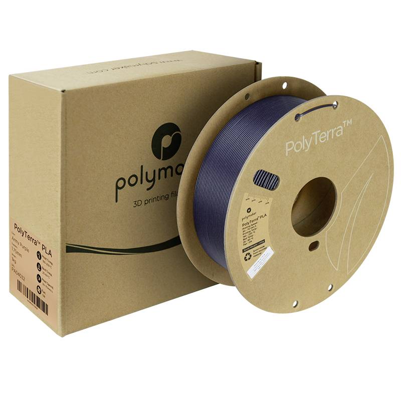 Materiał do druku 3D PolyTerra PLA, ciemnoniebieski. Widoczne opakowanie kartonowe i szpula, nadające się do recyklingu i przyjazne środowisku.