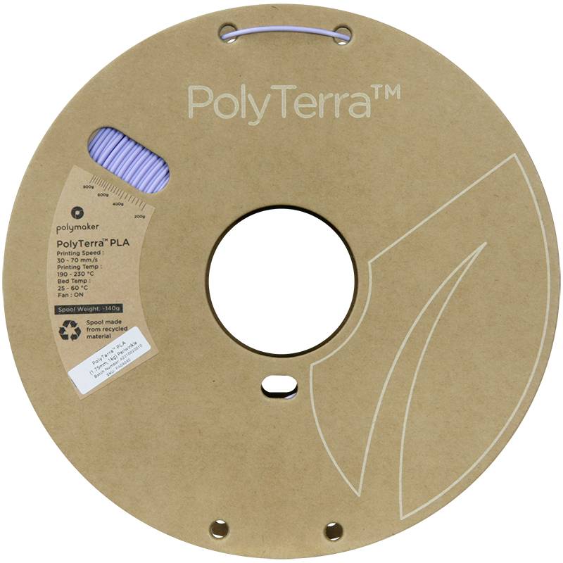 Kartonowa szpula z napisem 'PolyTerra' z filamentu PLA, w kolorze fioletowym, firmy Polymaker. Etykieta przedstawia ustawienia druku i temperaturę.