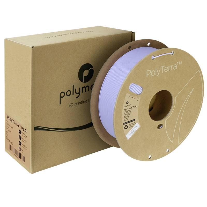 Szpula filamentu z białym materiałem do druku 3D obok brązowego opakowania z napisem 'PolyTerra'.