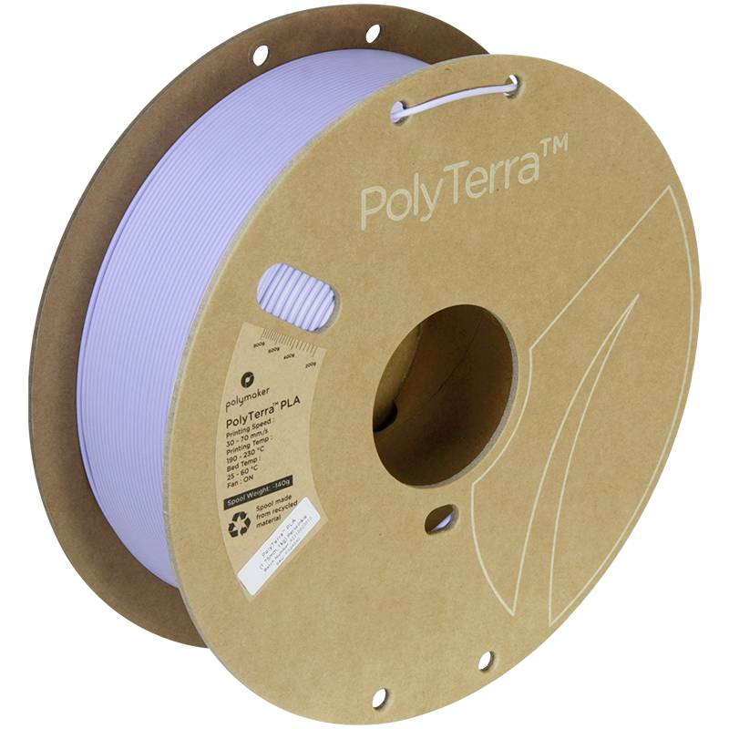 Szpula z fioletowym materiałem do druku 3D firmy PolyTerra. Zawiera symbole recyklingu i informacje o firmie na opakowaniu.