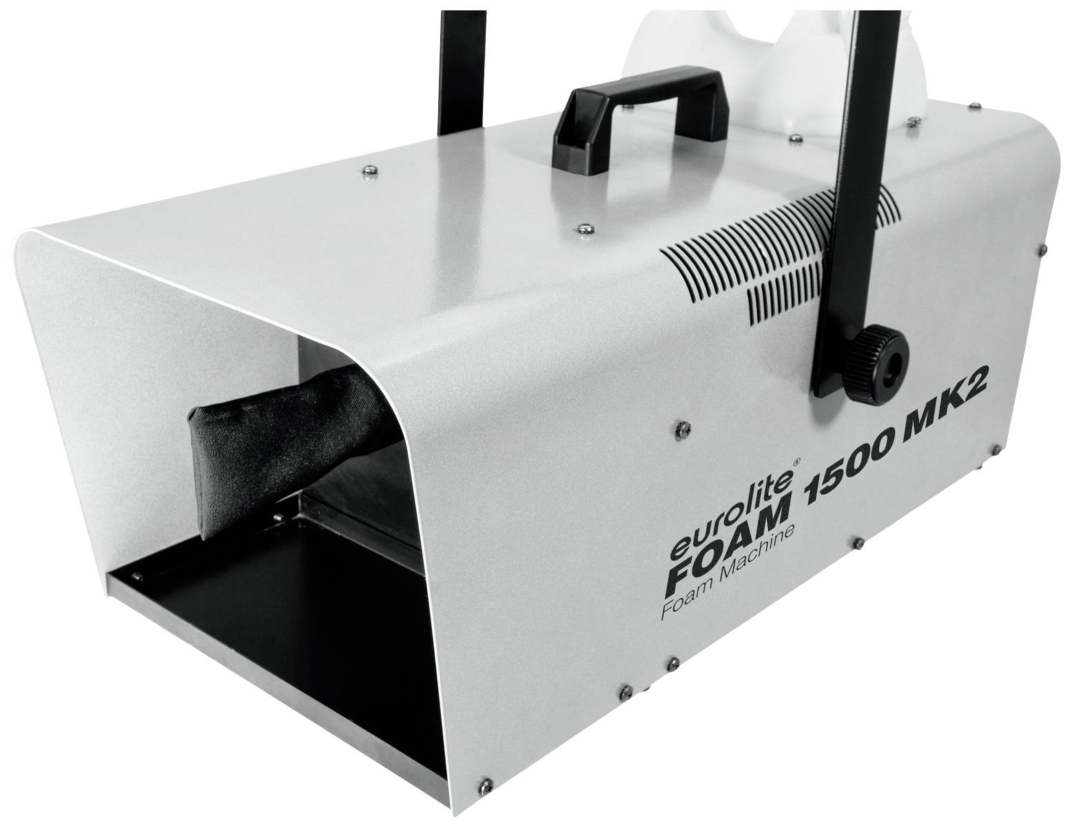 Srebrna maszyna do wytwarzania piany Eurolite FOAM 1500 MK2, przeznaczona do produkcji piany podczas imprez.