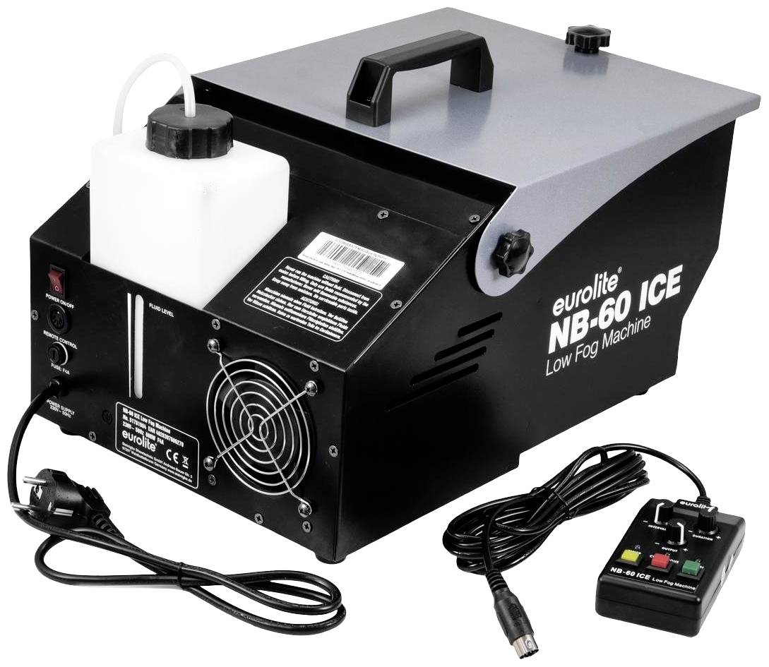 Maszyna do wytwarzania mgły 'eurolite NB-60 ICE' z zbiornikiem na wodę i panelem sterowania, przeznaczona do tworzenia mgły przyziemnej. Wyposażona w przewód zasilający i pilot zdalnego sterowania.